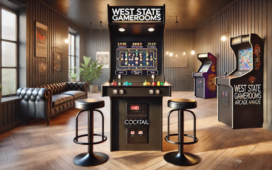 West State Gamerooms Cocktail Arcade Machine – Lift-Up Arcade Game Cabinet – Pre-Assembled 2 Player 3000 Retro Video Games Table with 26-Inch LCD Screen Track Ball and 2 Chrome Bar Stools