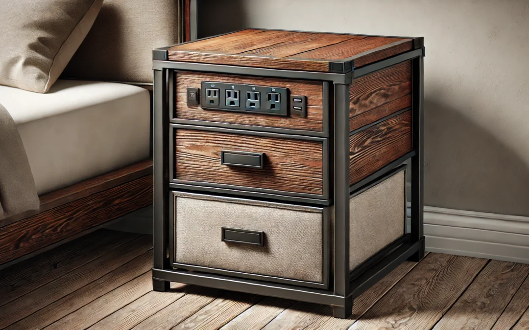 Nightstand with Charging Station, Side Table with Fabric Drawers, End Table with Open Shelf, Bedside Table with USB Ports and Outlets, Night Stand for Bedroom, Rustic Brown and Black