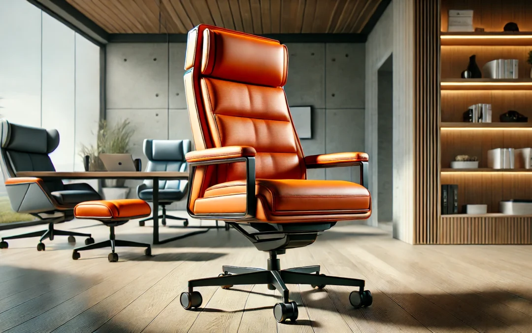 Genuine Leather Modern Executive Chair High-Back Support 90 to 150 Degrees Tilt and Upholstered Home Desk Chair with Base 400LB Capacity Swivel Computer Office Chair (Orange)
