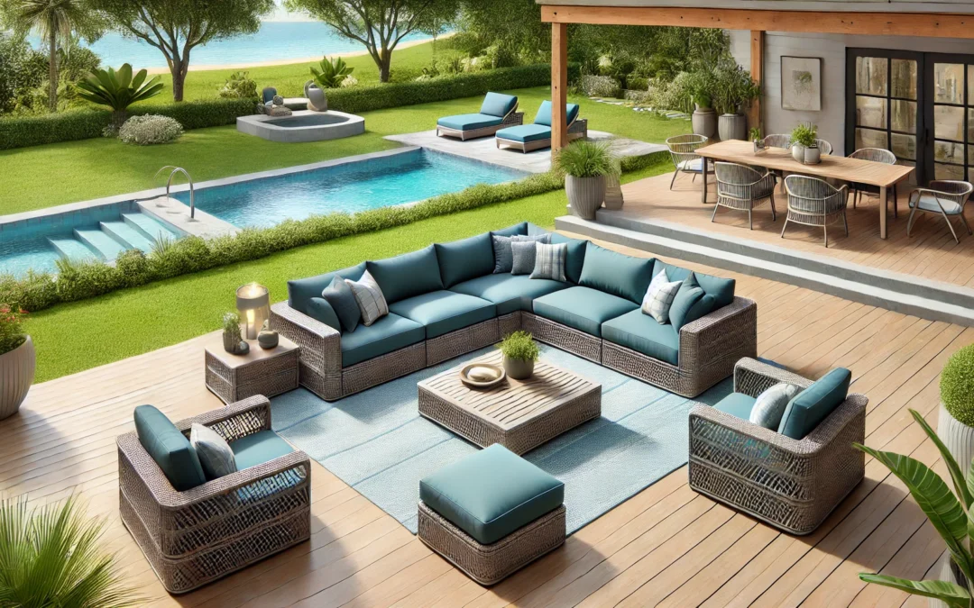 6 Pieces Patio Furniture Sets, All-Weather Outdoor Furniture Wicker Patio Conversation Set Outdoor Sectional w Cushions for Porch Poolside Backyard Deck Lawn (Coffee-Peacock Blue)