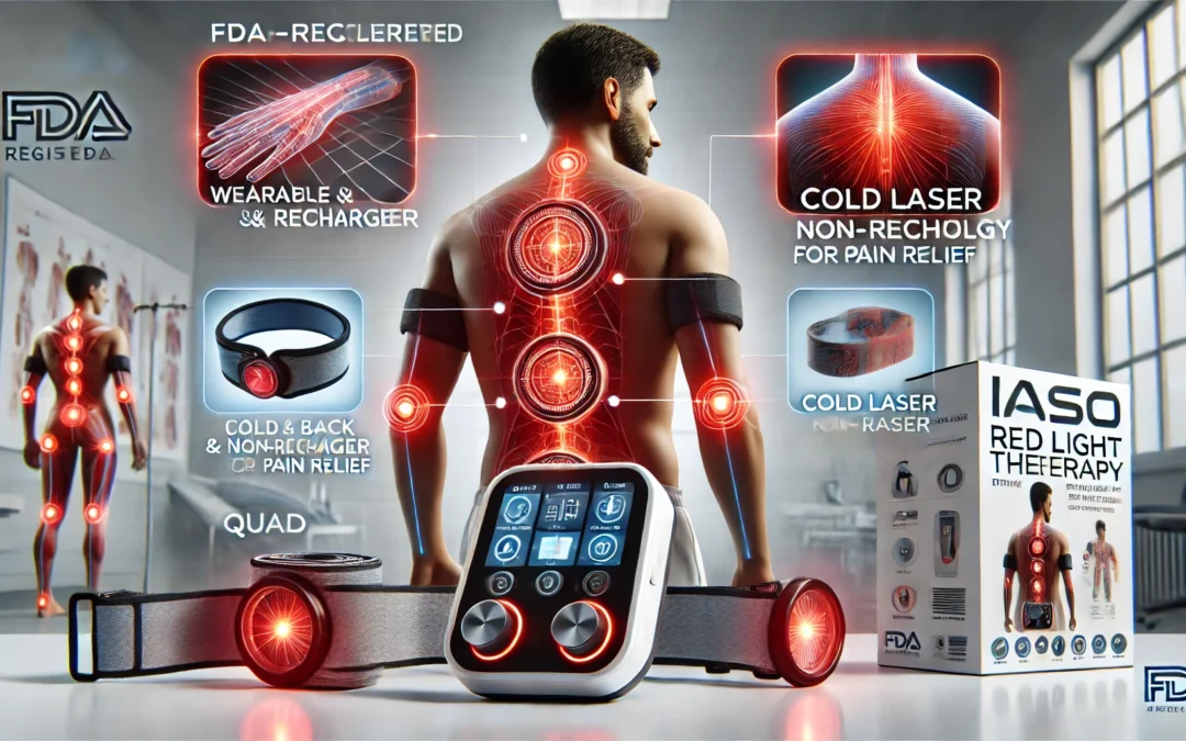 Iaso] Red Light Therapy Device and Massager- FDA-Registered, Cold Laser (Non-LED) Pain Relief for Back, Foot, Neck, Shoulders, Wrists, Knees. Wearable & Rechargeable. All Inclusive Package (Quad)