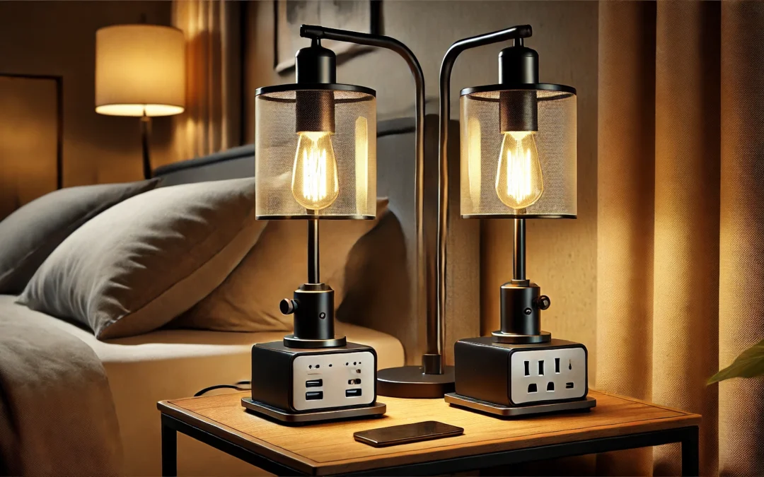 Industrial Table Lamps for Bedrooms Set of 2 – Fully Dimmable Bedside Lamps with USB A and C Ports and Outlet, Black Nightstand Lamps with Glass Shade for Living Room, Desk Lamps for Office Reading