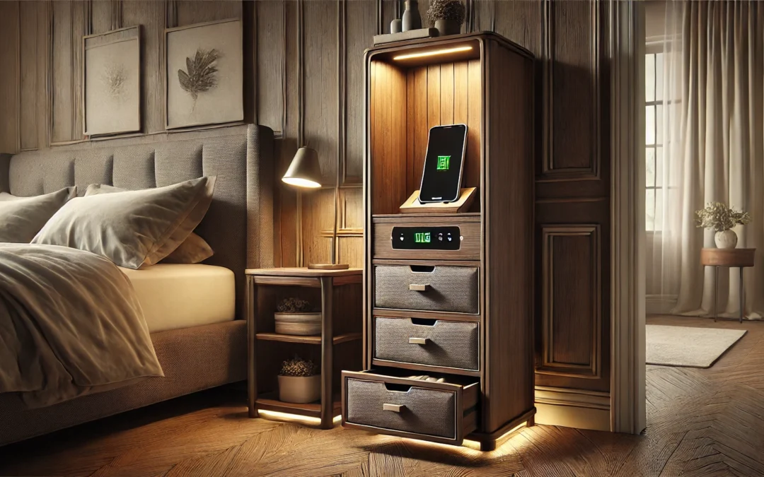 Furnulem Tall Nightstand with Charging Station, Night Stands with LED Lights and Storage Shelves, Bed Side Table for Bedroom, Hallway, Office, 4 Fabric Drawers, Rustic Brown