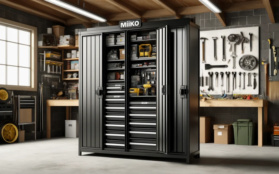 MIIIKO Metal Storage Cabinet with Locking Doors, Black Garage Lockable Steel Cabinets with 4 Doors and 5 Shelves for Home, Garage, Pantry Workshop Warehouse