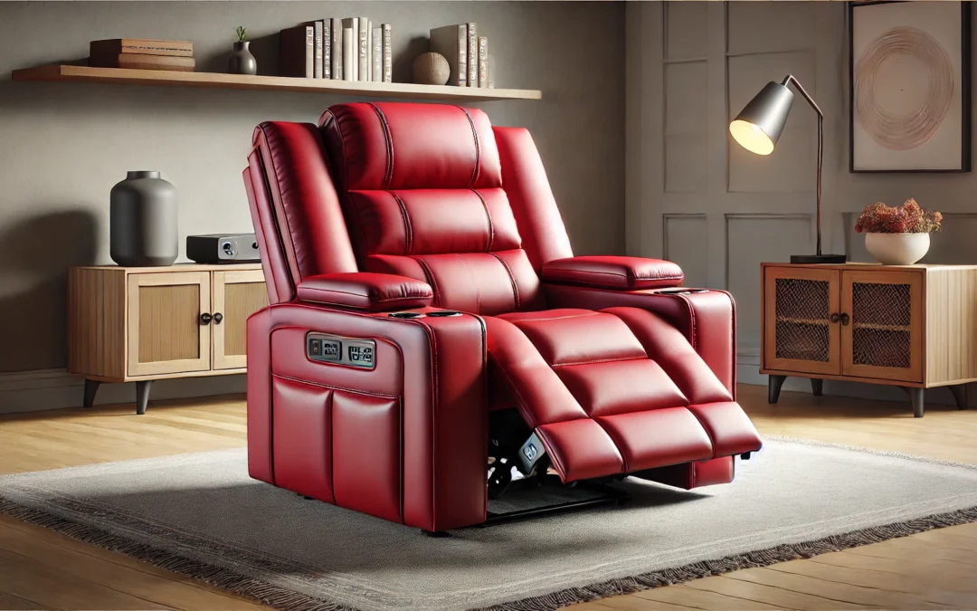 ANJ Power Recliner Chair with USB Ports and Cup Holders – Overstuffed Electric Home Theater Seating PU Leather Reclining Furniture with Hidden Arm Storage, Easy to Clean (Red)