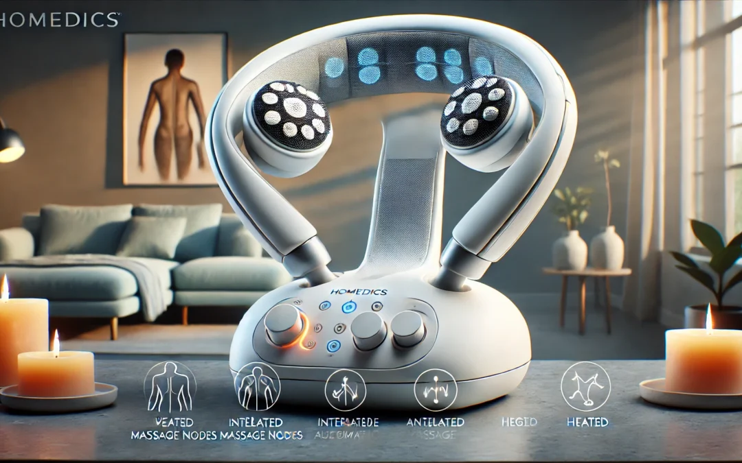 Homedics Back Massager – Heated Automatic Percussion Back, Body and Neck Massager with Duel Pivoting Heads, Interchangeable Nodes, for Shoulders, Legs and Feet, White