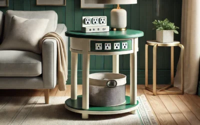 VASAGLE Side Table with Charging Station, Round End Table With Fabric Basket, Nightstand with Power Outlets USB Ports, for Living Room, Bedroom, Modern, Forest Green and Cream White ULET228C04