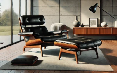 Top Black Grain Leather, Mid Century Chaise Lounge Chair and Ottoman, Modern Chair Classic Design, Palisander Wood, Heavy Duty Base Support for Living Room Office