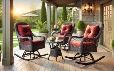 Kromax 3 Pieces Patio Furniture Set, Outdoor Swivel Glider Rocker, Wicker Patio Bistro Set with Rattan Rocking Chair, Glass Top Table with Thick Cushions for Porch Deck, Brown Rattan and Red Cushion