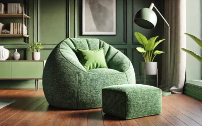 Accent Bean Bag Chair with Footstool, Modern Lazy Sofa Chair with Comfy Jacquard Shaggy Plush, Green