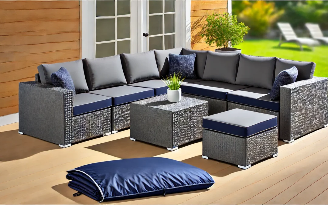 Best Choice Products 7-Piece Modular Outdoor Sectional Wicker Patio Conversation Set w/ 2 Pillows, Coffee Table, Cover Included – Gray/Navy