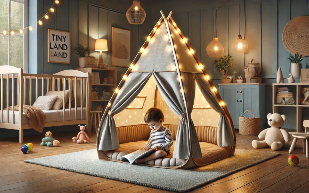 Tiny Land Play Tent with Padded Mat & LED Lights, Kids Tent, Playhouse for Kids, Indoor Bed Tent for Toddler, Toys for 3,4,5,6-Year-Old Girls, Neutral Color Play Room Furniture