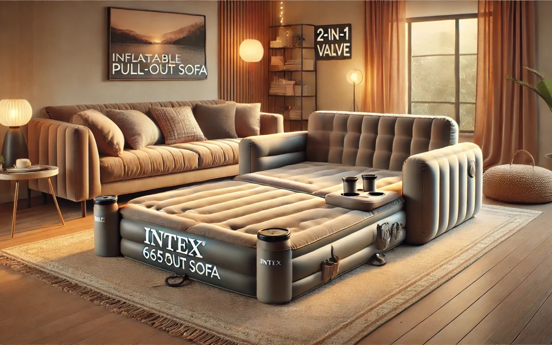 Intex 66552EP Inflatable Pull-Out Sofa: Built-in Cupholder – Velvety Surface – 2-in-1 Valve – Folds Compactly – 46″ x 88″ x 26″