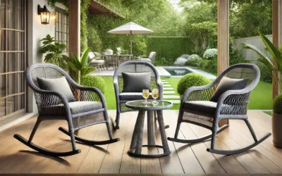 3 Pieces Patio Furniture Set Rocking Bistro Set Outdoor Rattan Conversation with Coffee Table for Garden Balcony Backyard Poolside (Grey Cushion)