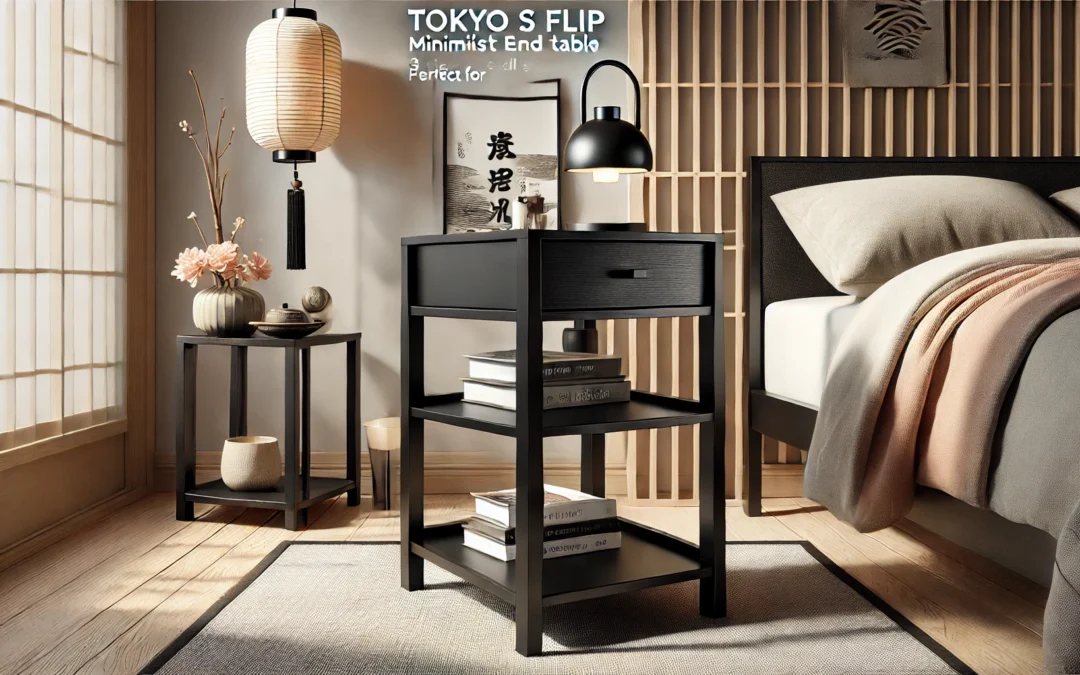 Tokyo S Flip Minimalist 3 Tier End Table – Minimalist 3-Tier Wood Nightstand for Small Spaces with Open Storage – Japanese-Inspired Bedside Table for Bedroom (Reverse, Black)