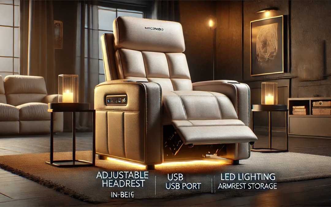 MCombo Home Theater Seating with Adjustable Headrest, Power Recliner Chair with USB Port, LED Light & Armrest Storage HTS411 (Beige)
