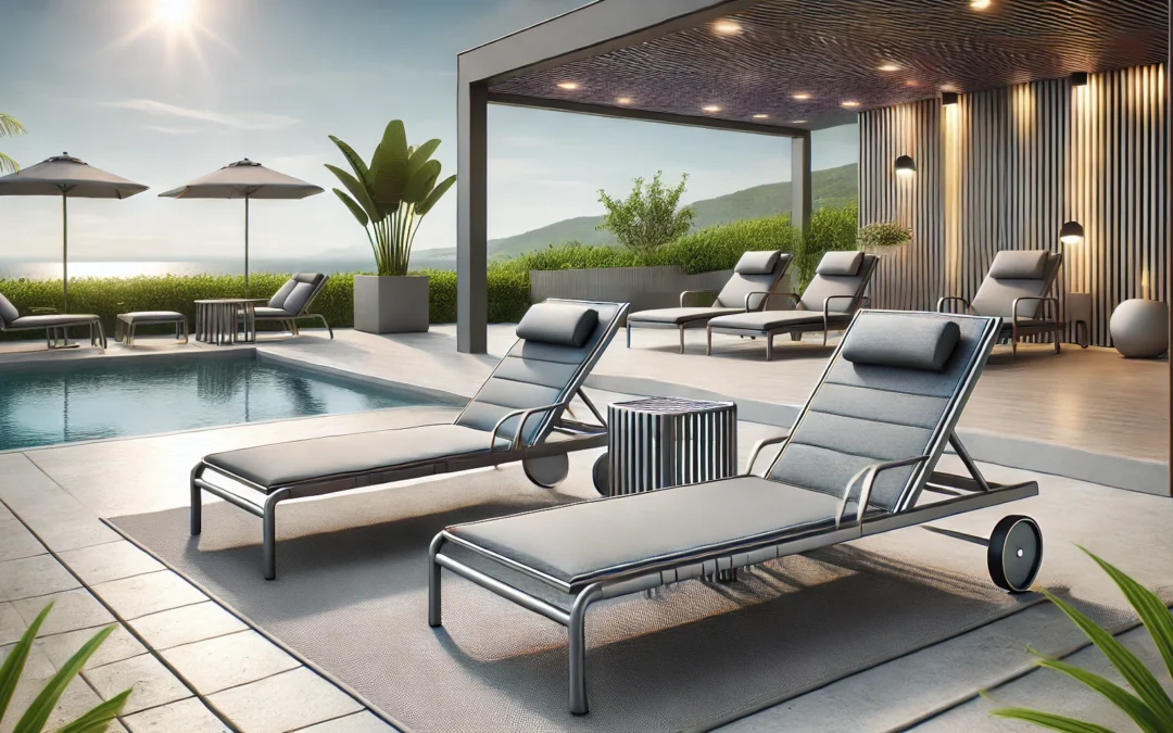 Domi Pool Lounge Chairs, Aluminum Patio Chaise Lounge with Side Table, 5 Position Adjustable Backrest and Wheels, All Weather Outdoor Lounge Chairs for Beach, Yard, Balcony, Poolside, Gray