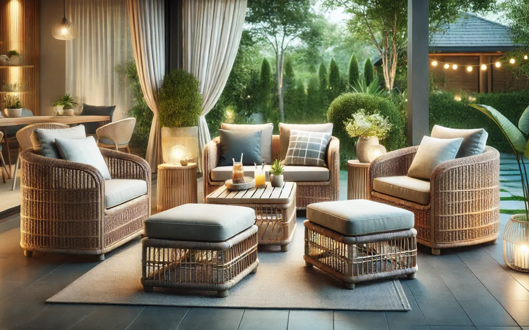 Outdoor Wicker Chairs and Table Bistro Conversation Furniture Set, 5 Pieces with Ottoman for Porch, Balcony, Deck, Patio, Backyard, Natural Color