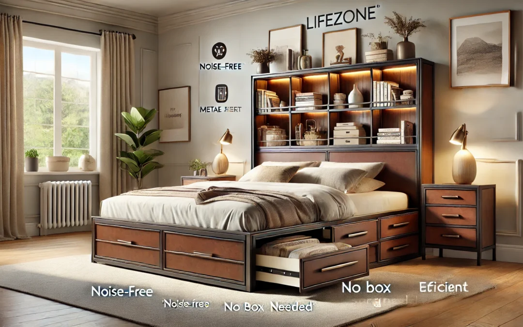Lifezone Queen Bed Frame with 2-Tier Storage Headboard, Metal Platform Bed Frame with 4 Storage Drawers, Built in Charging Station & LED, Noise-Free/Metal Support/No Box Spring Needed, Vintage Brown