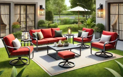 PHI VILLA 4 Piece Patio Furniture Sets for 5 Person with 1 x 3-Seat Deep Seating Bench, 2 x Cushioned Swivel Sofa Chairs & 1 x Coffee Table, Outdoor Metal Conversation Set for Lawn Garden, Red