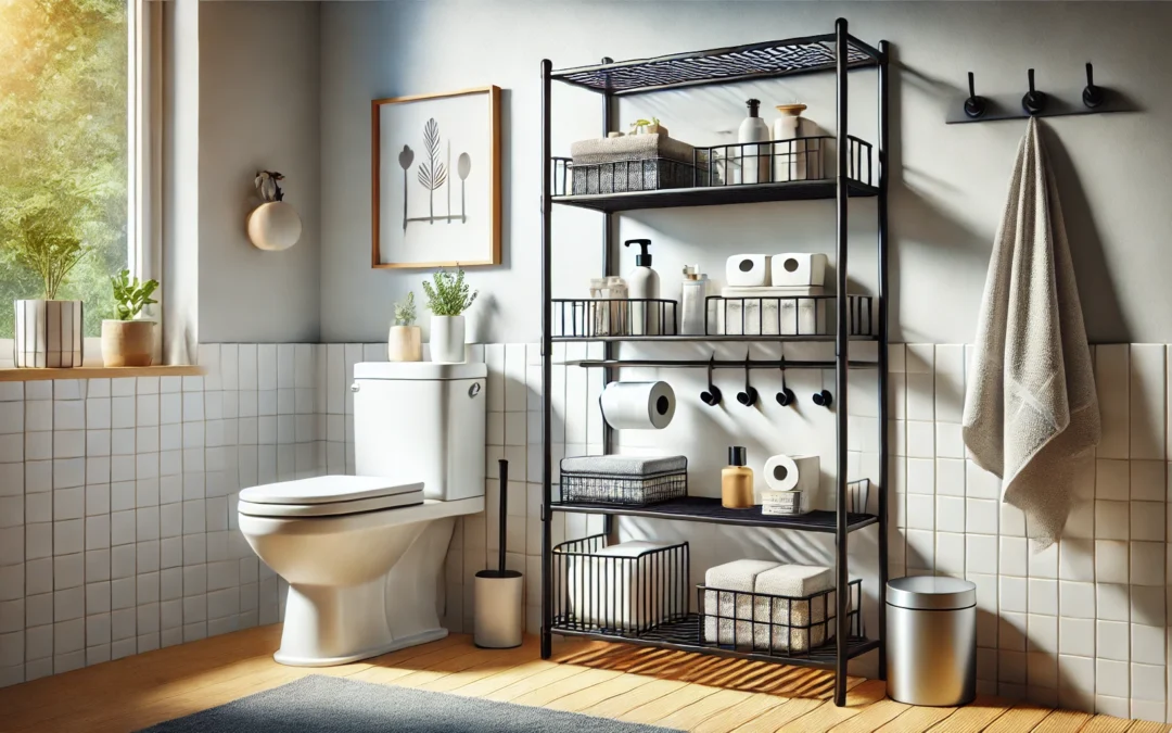 3-Tier Over The Toilet Storage, Freestanding Metal Bathroom Shelves with 4 Hooks, Over Toilet Storage Shelf with Paper Holder, Above The Toilet Shelf for Bathroom Storage, Black