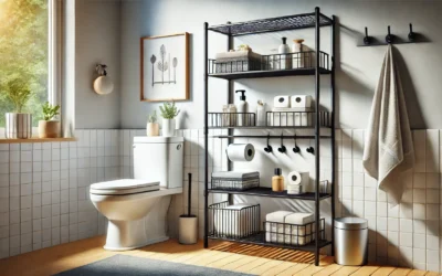 3-Tier Over The Toilet Storage, Freestanding Metal Bathroom Shelves with 4 Hooks, Over Toilet Storage Shelf with Paper Holder, Above The Toilet Shelf for Bathroom Storage, Black
