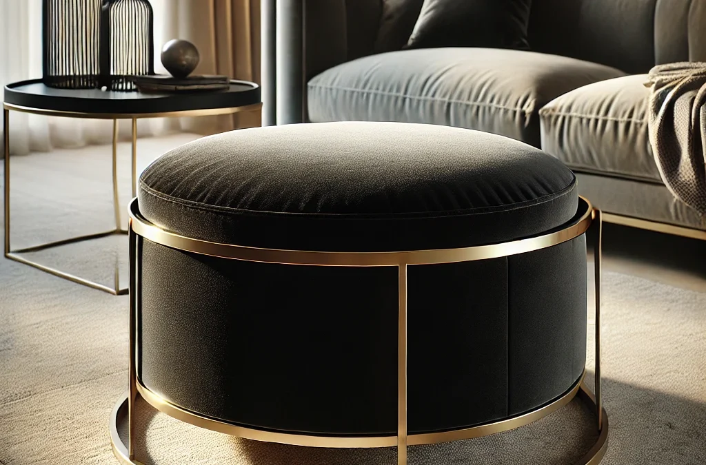 Elegant Velvet Round Ottoman with Gold Frame and Storage (Black)