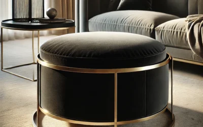 Elegant Velvet Round Ottoman with Gold Frame and Storage (Black)