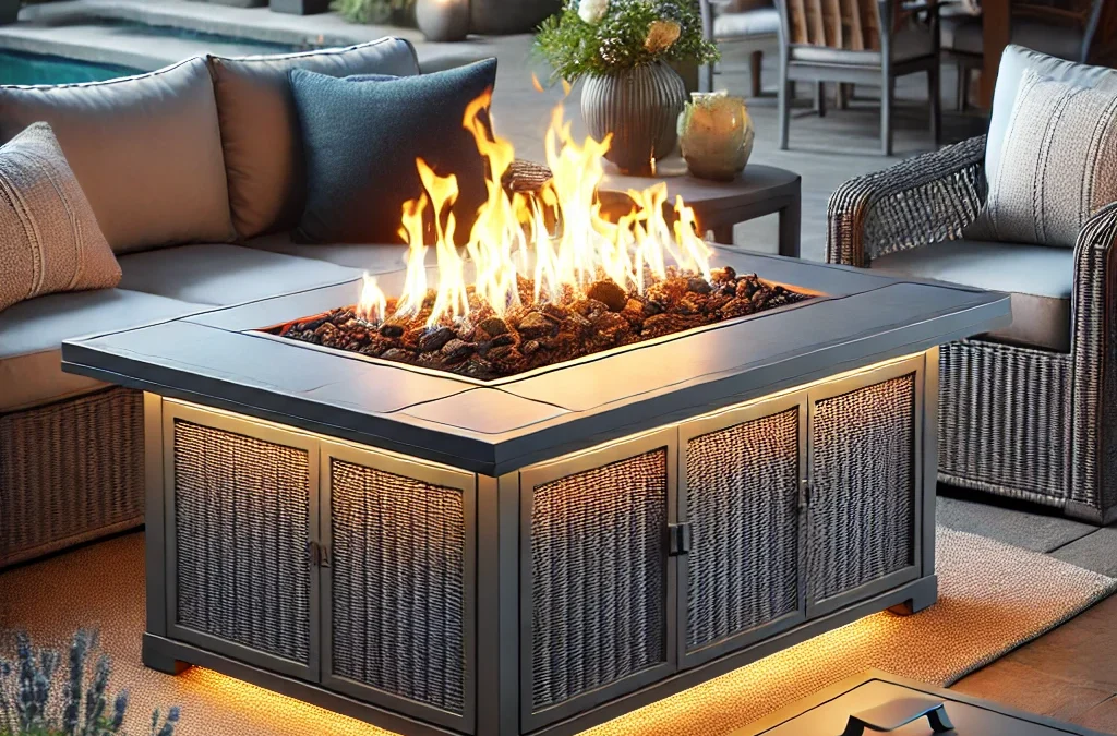 50000 BTU Propane Fire Pit Table with Lid and Lava Rock, 41 inch Rectangular Outdoor Firepit Table Wicker Furniture, Fireplace Table Perfect for Relaxed Outside Patio Backyard Ambiance, Gray