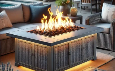 50000 BTU Propane Fire Pit Table with Lid and Lava Rock, 41 inch Rectangular Outdoor Firepit Table Wicker Furniture, Fireplace Table Perfect for Relaxed Outside Patio Backyard Ambiance, Gray