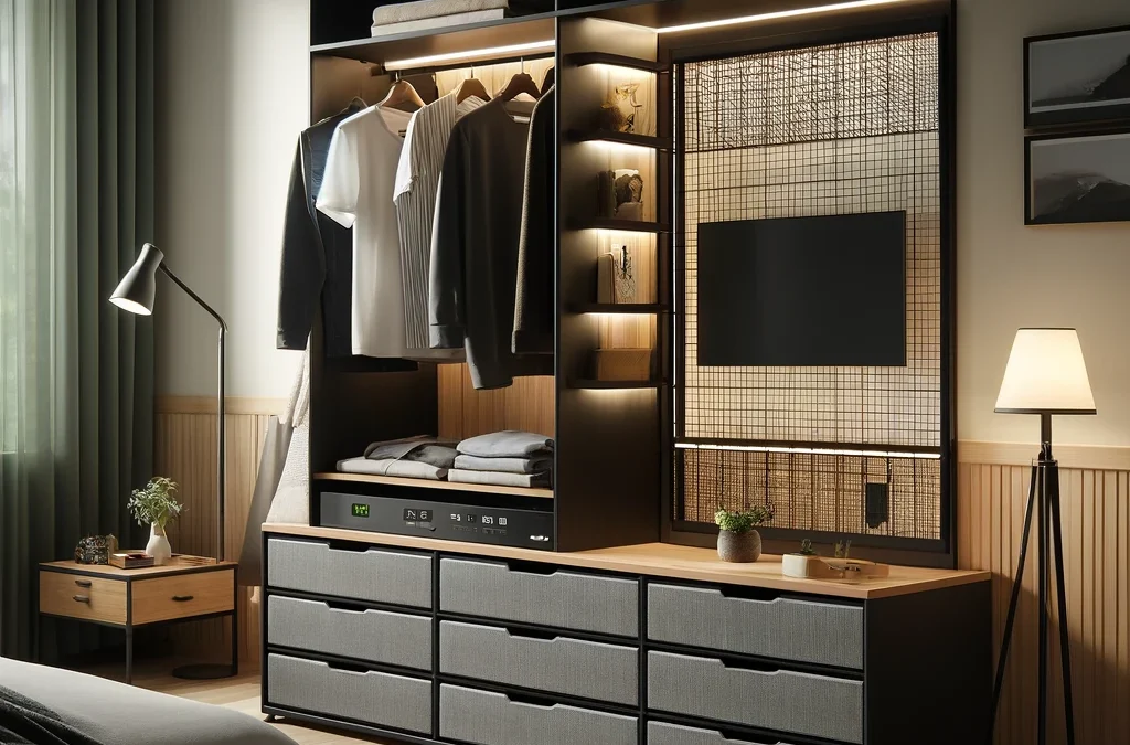 EnHomee 49.2″ W Dresser for Bedroom with Hanging Rack 6 Drawer Dresser with LED Lights & Charging Station, Fabric Dressers & Chest of Drawer with Clothes Rack,Wooden Top,Grid Panel,Closet, Black