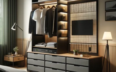EnHomee 49.2″ W Dresser for Bedroom with Hanging Rack 6 Drawer Dresser with LED Lights & Charging Station, Fabric Dressers & Chest of Drawer with Clothes Rack,Wooden Top,Grid Panel,Closet, Black