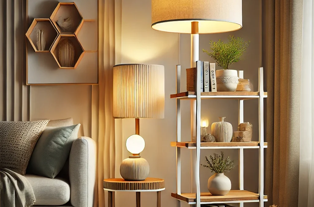 Floor Lamp with Shelves for Living Room, Shelf Floor Lamp with 3 CCT LED Bulb, Corner Display Standing Column Lamp Etagere Organizer Tower Nightstand with White Linen Shade for Bedroom, Office