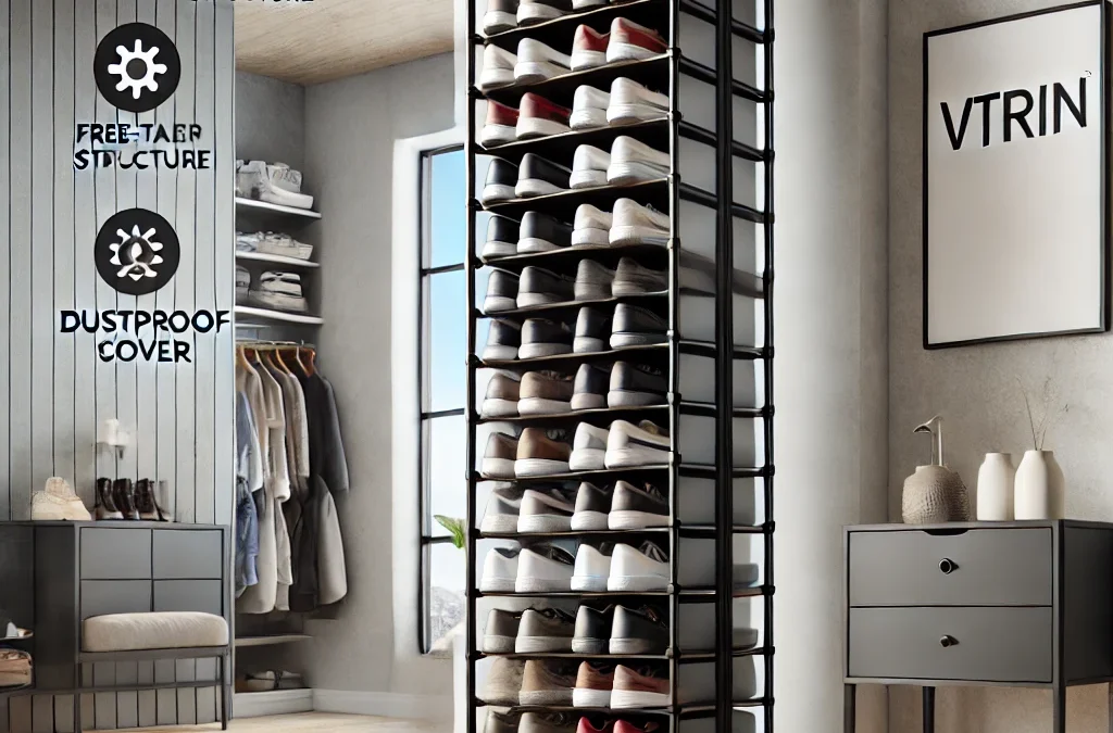 VTRIN Vertical Narrow Shoe Rack Organizer Tall Shoe Rack for Closet Entryway 10 Tier Non-Woven Cover Shoe Shelf Holds 20-22 Pairs Free Standing Shoe Storage Cabinet with Dustproof Cover Black