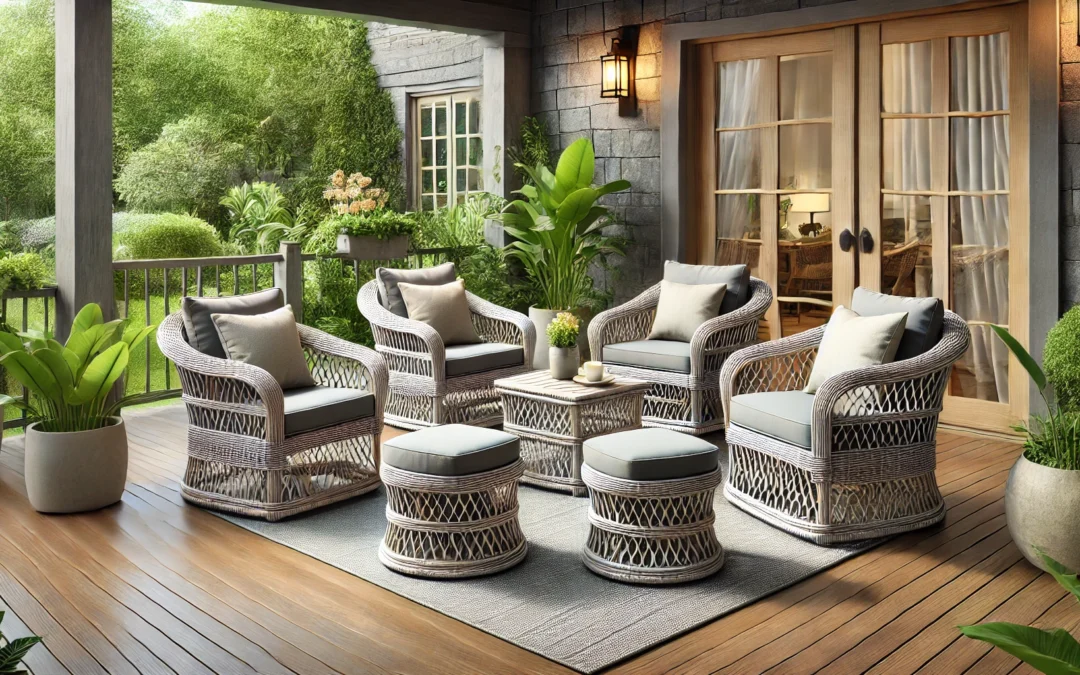 5 Piece Wicker Bistro Patio Conversation Furniture Set, Includes 2 Chairs, 2 Ottomans, and Side Table, Ideal for Porch, Balcony, Deck, Backyard, Natural