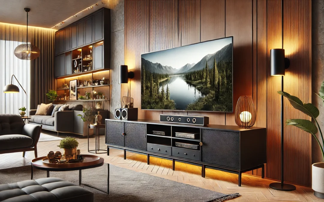 Sweetcrispy TV Stand for 55 60 inch TV, Modern Mid Century Entertainment Center with Storage, Media Console Table 2 Cabinet, Soft Hinge, Handle Door, Wooden Living Room, Office Furniture, Black